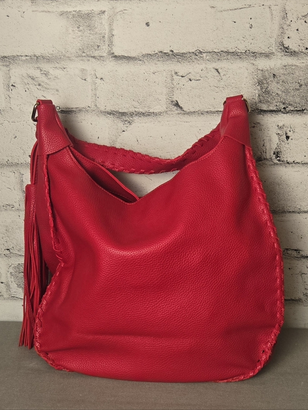 Mark & Hall Red Vegan Leather Hobo Shoulder Bag Tassel Slouchy